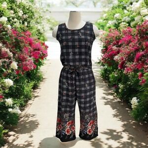 Paolino Sleeveless Plaid Floral Print Jumpsuit with Tie Waist‎ Cottagecore Light